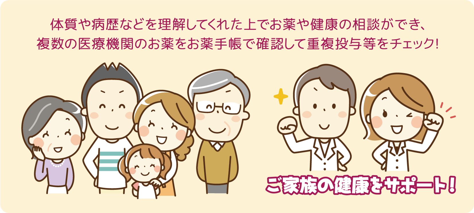 体質や病歴などを理解してくれた上でお薬や健康の相談ができ、複数の医療機関のお薬をお薬手帳で確認して重複投与等をチェック！　ご家族の健康をサポート！